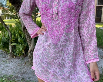 Womens Tunic Top, Pink Floral Printed Silk Tunic, Bohemian Clothing, Embroidered Tunic, Handmade Blouse Indian Kurta, Gift , S