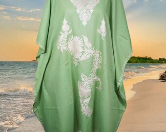 Womens Floral Cruise Kaftan, Mint Green Embroidered Resort wear, Handmade kaftan, Cotton Midi Dress, Loose Kaftans L-4XL