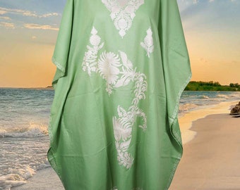 Womens Floral Cruise Kaftan, Mint Green Embroidered Resort wear, Handmade kaftan, Cotton Midi Dress, Loose Kaftans L-4XL