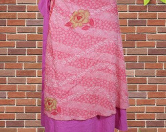 Womens Short Wrap Skirt, Pink Sari Skirt, Beach Skirt, Reversible 2 Layer Maxi Skirts, Wrap Skirts One Size
