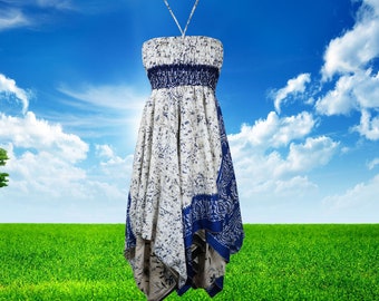 Women's Beach Sundress, Halter Skirt Dress, Blue White Summer Travel 2 Layer Boho Ruched Dresses  S/M