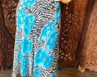 Womens Floral Midi Skirt, Handmade Gypsy Boho Skirts, Blue Summer Beach Skirts L