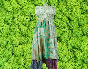 Womens Boho Sundress, Halter Dresses, Green Summer Dress, Printed Handkerchief Hem Upcycled Silk Sari Beach Halter Dress S/M