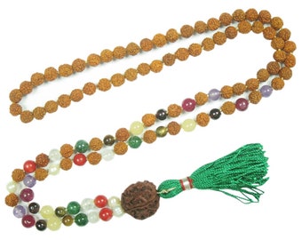 GREEN TASSEL Nine Planets Mala Beads, Rudraksha Reiki Chakra Balancing Mala, beads Necklace, Wellness, Tassel Necklace, Handmade