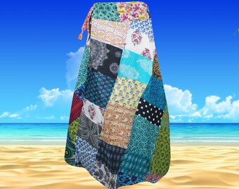 Womens Wrap Around Skirts, Handmade Cotton Skirts, Summer Skirts, Blue Patchwork Boho Short Skirt, Summer Fashion One Size