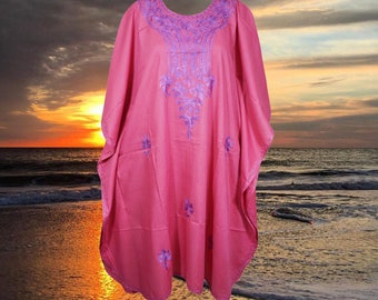 Embroidered Kashmiri Kaftan Midi Dress in Pink Color, Floral Embroidery Caftan Dress, Loose Maternity Dresses One Size L-4XL