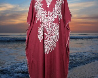 Women's Kaftan Maxi Dress, Red Boho Housedress, Beach Lounger, Cotton Embroidered, Ankle Length, Summer Caftans, Oversize L-4XL One Size