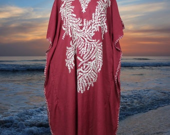 Women's Kaftan Maxi Dress, Red Boho Housedress, Beach Lounger, Cotton Embroidered, Ankle Length, Summer Caftans, Oversize L-4XL One Size