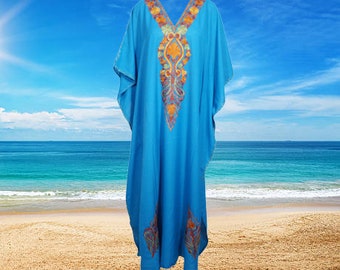 Women Oversize Kaftan Maxi Dress, BLue Loose Flowry Beach Cover Ups, Embroidered Casual Beach Boho Dresses, One size-L-3XL