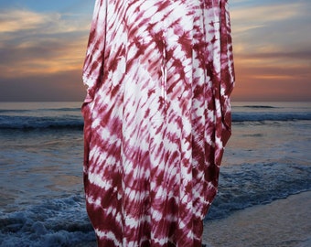 Women's Kaftan Maxi Dress, Travel Kaftan, Maroon White Tiedye Dresses, Holiday Handmade Boho Maxi Caftan, gift One size  L-3XL