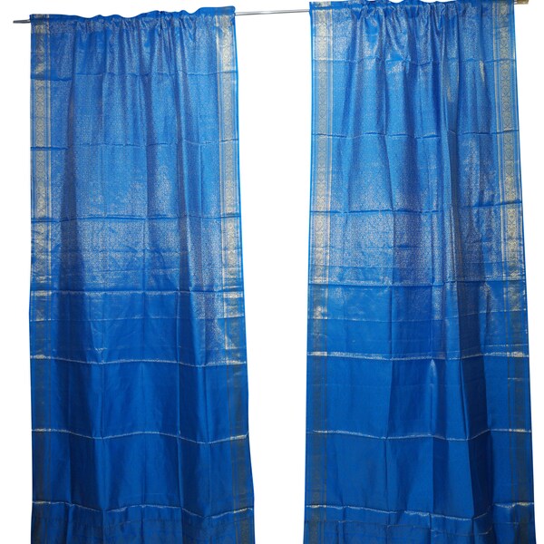 2 Royal Blue Sari Curtains Tribal Ethnic Sari Panels Boho Indi Gypsy Home Decor Interiors 96 inch