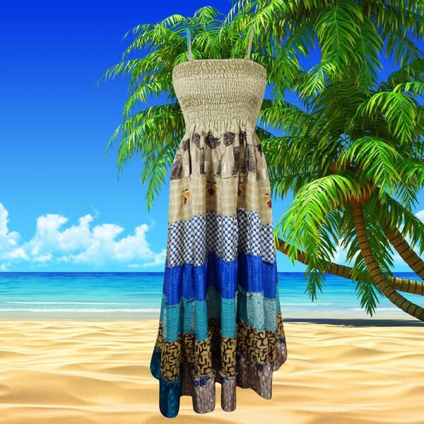 Womens Cute Sandy Beaches Maxi Dress, Sandgold, Blue Silk Handmade Tiered, Fit & Flare Boho MaxiDresses S/M