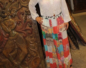 Bohemian Maxi Skirt, Womens Skirt, Patchwork Flared Skirt, ivory red summer Boho Chic Skirts M