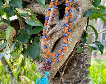 Meditation Lapis Lazuli Mala Beads Rudraksha Healing Chakra Stone Buddhist Zen Yoga Necklace, Handmade mala