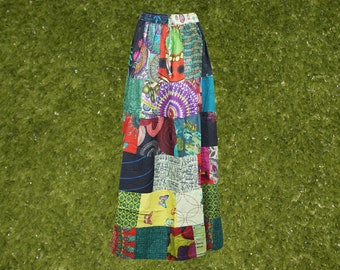 Womens Maxi Skirt, Colorful Boho Hippie Festival PATCHWORK Vintage Retro Maxi Flared Skirts, Cotton Casual Comfy SKIRT S/M/L