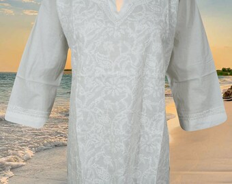 Womens White Cotton Tunic, Chikankari Embroidery Cotton Tunic, Handmade Blouse, Summer Tunic Bohemian Clothing, Shirt