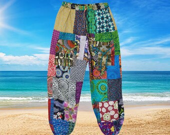 Patchwork Harem Pants, Cotton Cuffed Pants, Balckberry Sherbet Hippie Boho Funky Colorful Travel Pants S/M