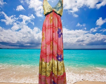 Womens Deep V Maxidress, Fall Maxi Dress, Pink Euphoria Recycled Silk Maxi Dress, Boho Hippy Beach Dress, Gift  ML