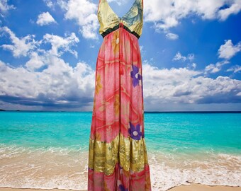 Womens Deep V Maxidress, Fall Maxi Dress, Pink Euphoria Recycled Silk Maxi Dress, Boho Hippy Beach Dress, Gift  ML