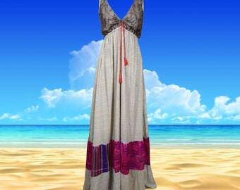 Womens Strappy Boho Dress, Cloudy Gray  Deep V Handmade Recycled Silk Travel Maxi Dresses ML