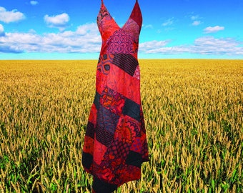 Womens Patchwork Maxi Dress, Cotton Handmade Boho, Handmade Red Deep V Strapdress S/M