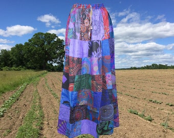 Womens Handmade Boho Patchwork Ethnic Vintage Long Skirt, Recycle Cotton Blue Long Skirts S/M/L