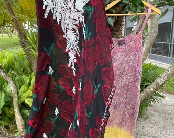 Womens Kaftan Maxi Dress, Black Red Rose Printed Sheer Caftan Dress, Georgette Embroidered Resort Wear Dresses ONESIZE L/4X