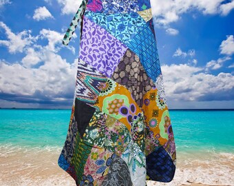 Womens Wrap Around Skirts, Handmade Cotton Skirts, Summer Skirts, Blue Patchwork Boho Short Skirt, Summer Fashion One Size