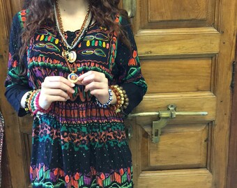 Hippie Babydoll Boho Dress, Vintage 70s Funky Hippy Fashion Coverup bLACK cOLORFUL loose dresses One Size SML