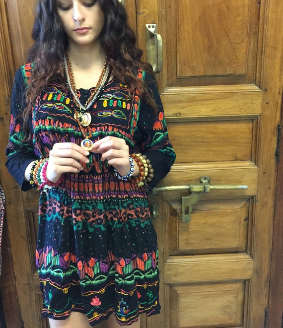 Hippie Babydoll Boho Dress, Vintage 70s Funky Hippy Fashion