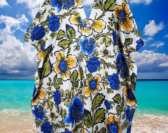 Women's Travel Caftan Short Dress, Blue Floral Cotton Peacock Print Kaftan Dresses ,Resort wear, Handmade, Fall Boho Travel Kimono S/M