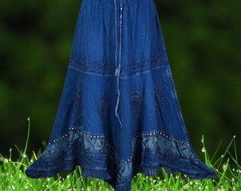 Denim Blue Renaissance Long Skirt with Embroidery, Uneven Hem, Festive Handmade Rodeo, Western Maxi Skirts S/M/L