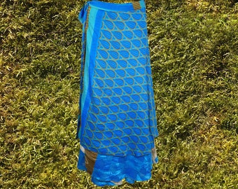 Women Long Wrap Skirt, Beach Coverup, Sarong, Silk Sari Wrap Skirts, Blue Floral Printed, 2 Layer Reversible Magic Skirts, One Size