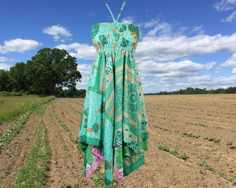 Women's Hankerchief Skirt Dress, Flowy Boho Dresses, Green Floral Uneven Hemline, Upcycled Silk Strapless DayDress S/M