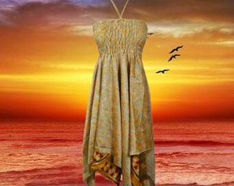 Women Sundress, Halter Dresses, Orange Gray Handmade Boho Dress, Printed Uneven Hem Recycled Silk Sari Boho Beach Halter Dress S/M