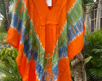Tie Dye Poncho Tunic, Caftan Beach Cover Up Resort Wear, orange Tie Dye Summer Oversized Top Loose Comfy Beach Kaftan  M-2XL