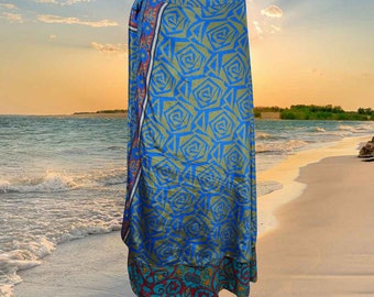 Womens Magic Maxi Wrap Skirt, Floral Double Layers Blue Wrap Skirts, Recycled Sari Wrap Skirt, Handmade Fashion One size