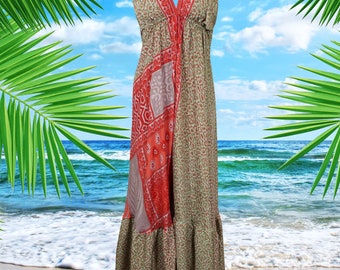 Womens Summer Maxi Dress, Loose Flare Swing Halter Boho Beach Dresses, Red Gray Floral Printed, Recycle Sari Bohemian Travel Dress S/M