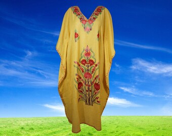 Women's Kaftan Maxi Dress, Canary Yellow Maxi Dress, Beach holidays, Lounger, Cotton Embroidered Caftans, Oversize L-2XL One Size