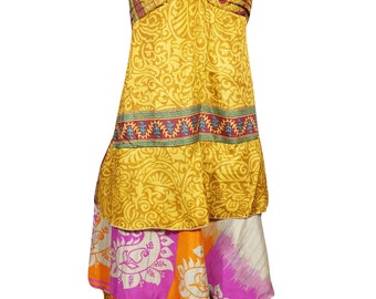 Womens Strap Sundress, Yellow Recycled Silk Dress, Spaghetti Strap, Boho Hippy Stylish Summer Travel Dress S/M