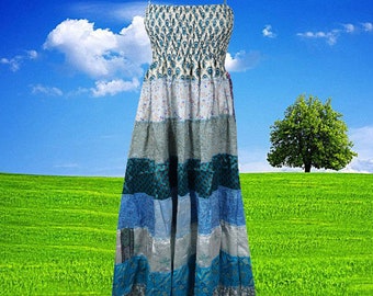 Womens Boho Beach Dress, Blue Recycled Sari Dresses, Printed Summer Spaghetti Strap Dress SM