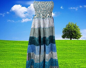 Womens Boho Beach Dress, Blue Recycled Sari Dresses, Printed Summer Spaghetti Strap Dress SM