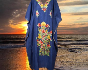 Women's Kaftan Maxi Dress, Navy Blue Beach holidays, Lounger, Cotton Embroidered Handmade Caftans, Oversize L-2XL One Size