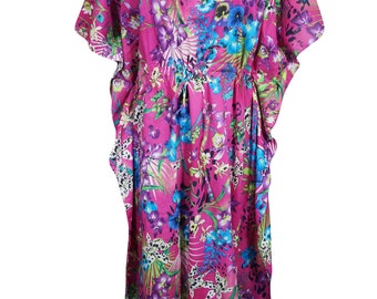Womens Caftan Maxi Dress, Cotton Pink Floral Printed Lounger Beach Travel Maxi Dresses, Resort Wear, Oversize Beach Dress 3X