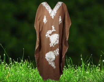 Womens Kaftan Maxi Dress, Oversize cotton Kaftan dress, Tortilla Brown Embroidered Kaftan maxi dress, Lounger Caftans L-2XL One Size