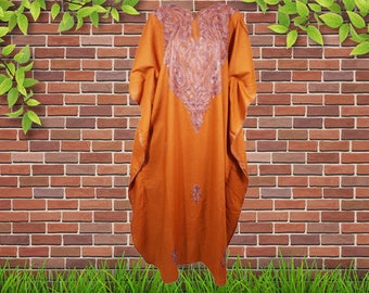 Womens Maxi Caftan Dress, Loose Orange Floral Embroidered Kimono Dresses, Oversized Loose Stylish Maxi Kaftan Dresses. One size, L-2X