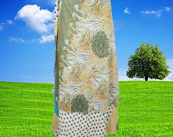 Womens Wrap Skirt, Sari Skirt, Beach Wear Reversible 2 Layer Skirts, Long Green Floral Wrap Skirts One Size