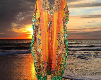 Women's Kaftan Sheer Maxi Dress, Beach Caftan, Jeweled Neckline, Resort Wear, Lounger, Peach Green Georgette Oversized Dress L-2X