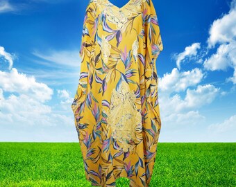 Beach Kaftan Maxi Dress, Yellow Embroidered Caftan, Sheer Kimono, Resort Wear, Cruise Maxi Dress L-4XL, One Size