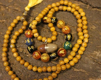 Shiva Lingam Mala Yellow Jade Prayer Beads Japamala, Om Mane Padma hum Bracelet Buddhist Mantra Carved Gold Malabeads Prayer for Meditation